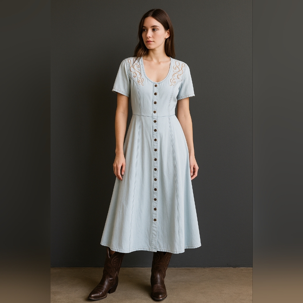 Vintage Light Blue Embroidered Button-Down Western Dress